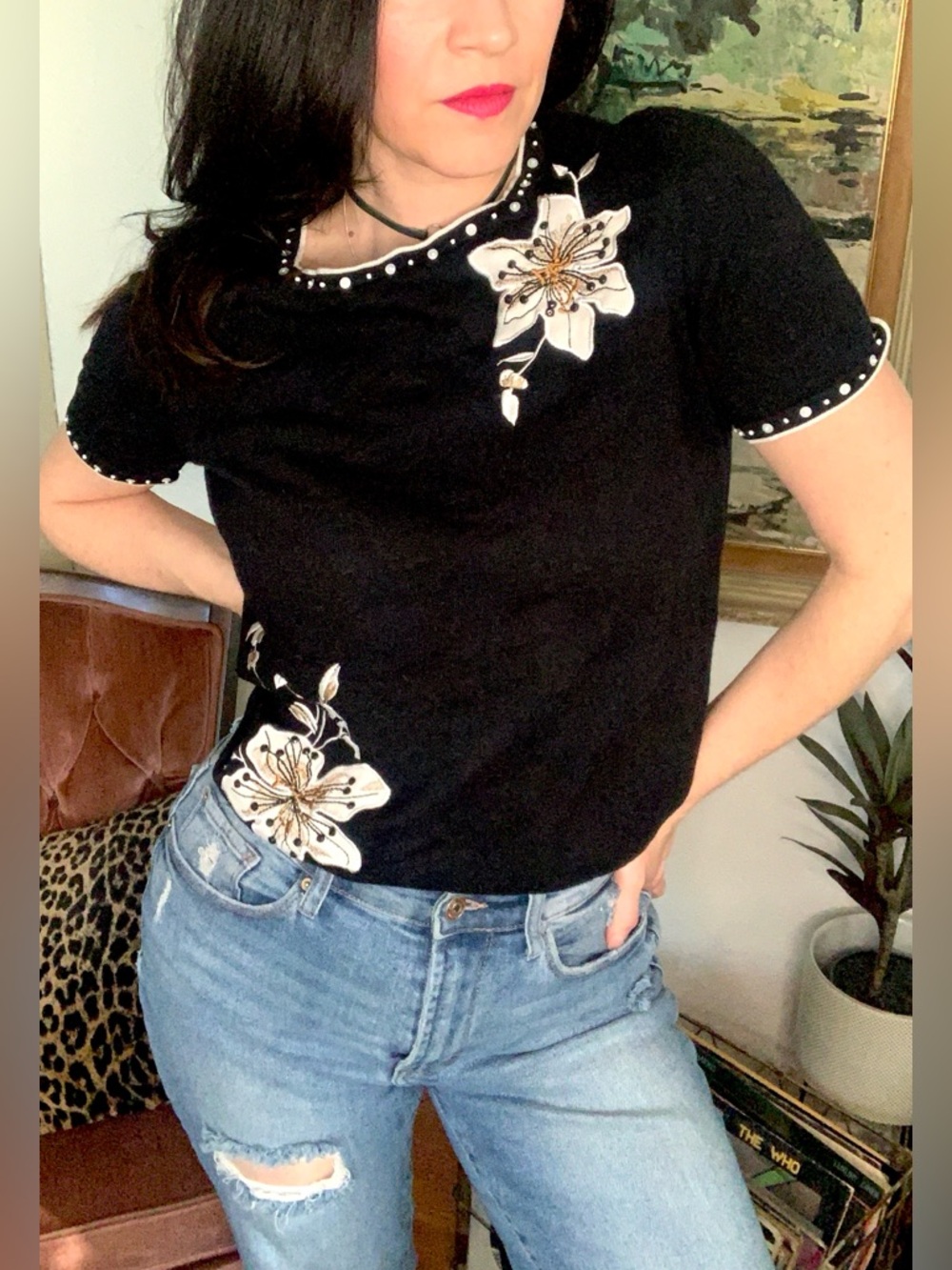 Vintage Alfred Dunner Black Short Sleeve Top with White Floral Appliqué